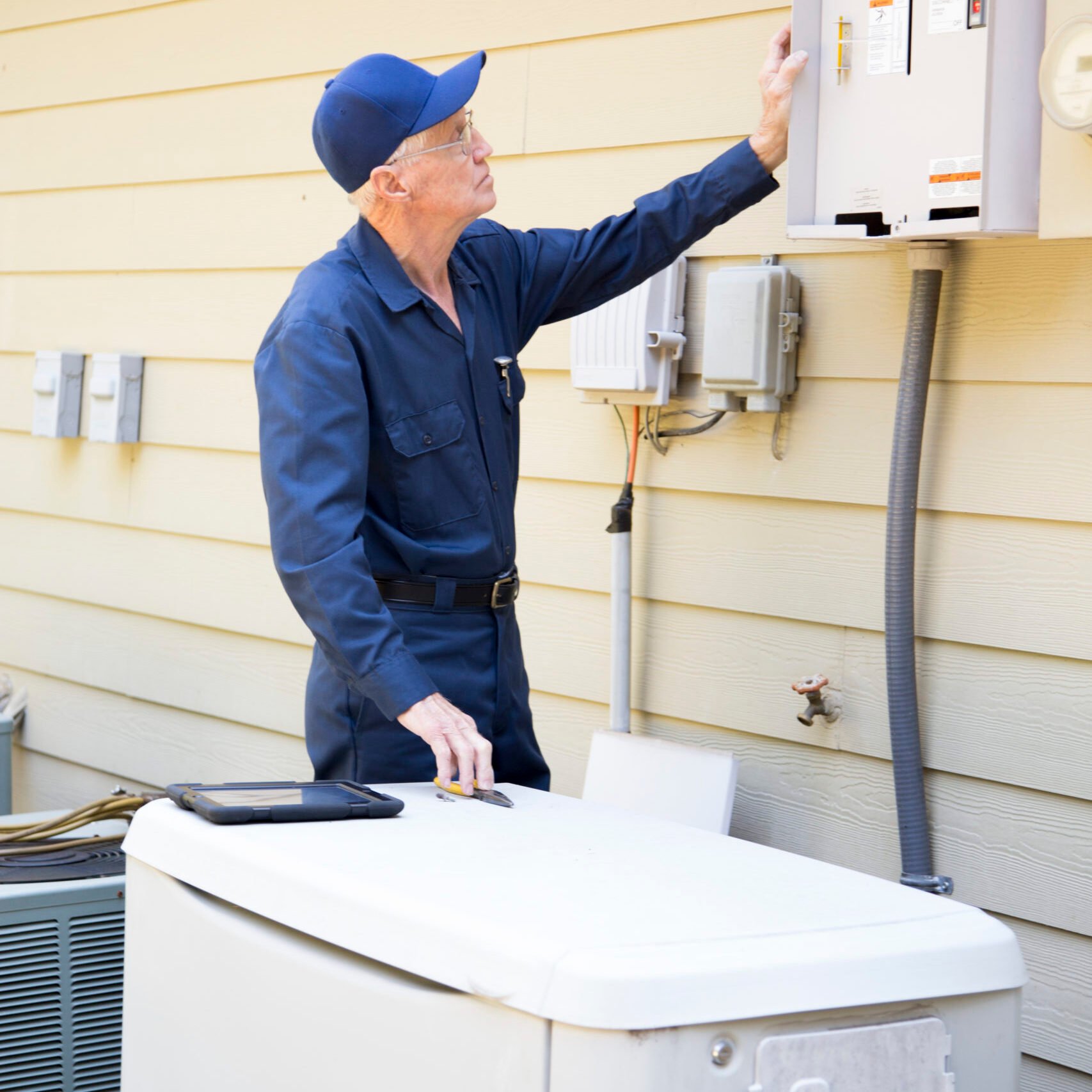 Senior Adult air conditioner Technician/Electrician  services outdoor AC unit and the Gas Generator.  He is doing a complete service check up on both of the outside  air conditioning units and the stand by generator.  
Checking inside the panel for the generator.